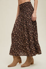 Brown Floral Smocked Waist Maxi Skirt