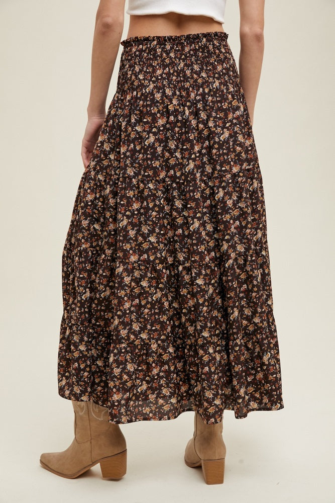 Brown Floral Smocked Waist Maxi Skirt