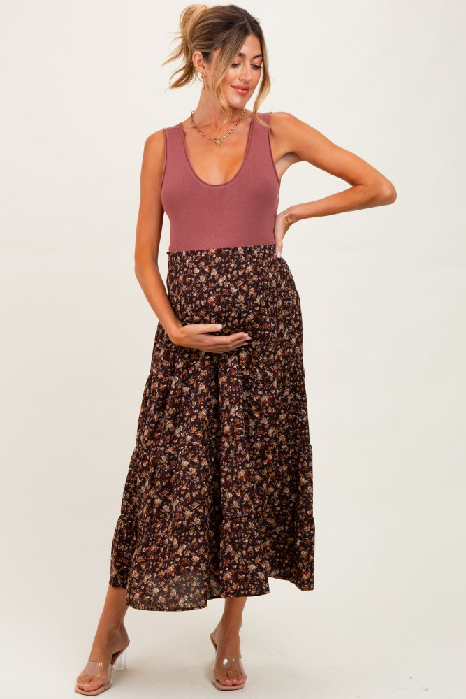 Brown Floral Smocked Waist Maternity Maxi Skirt