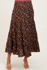 Brown Floral Smocked Waist Maternity Maxi Skirt
