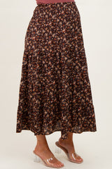 Brown Floral Smocked Waist Maternity Maxi Skirt
