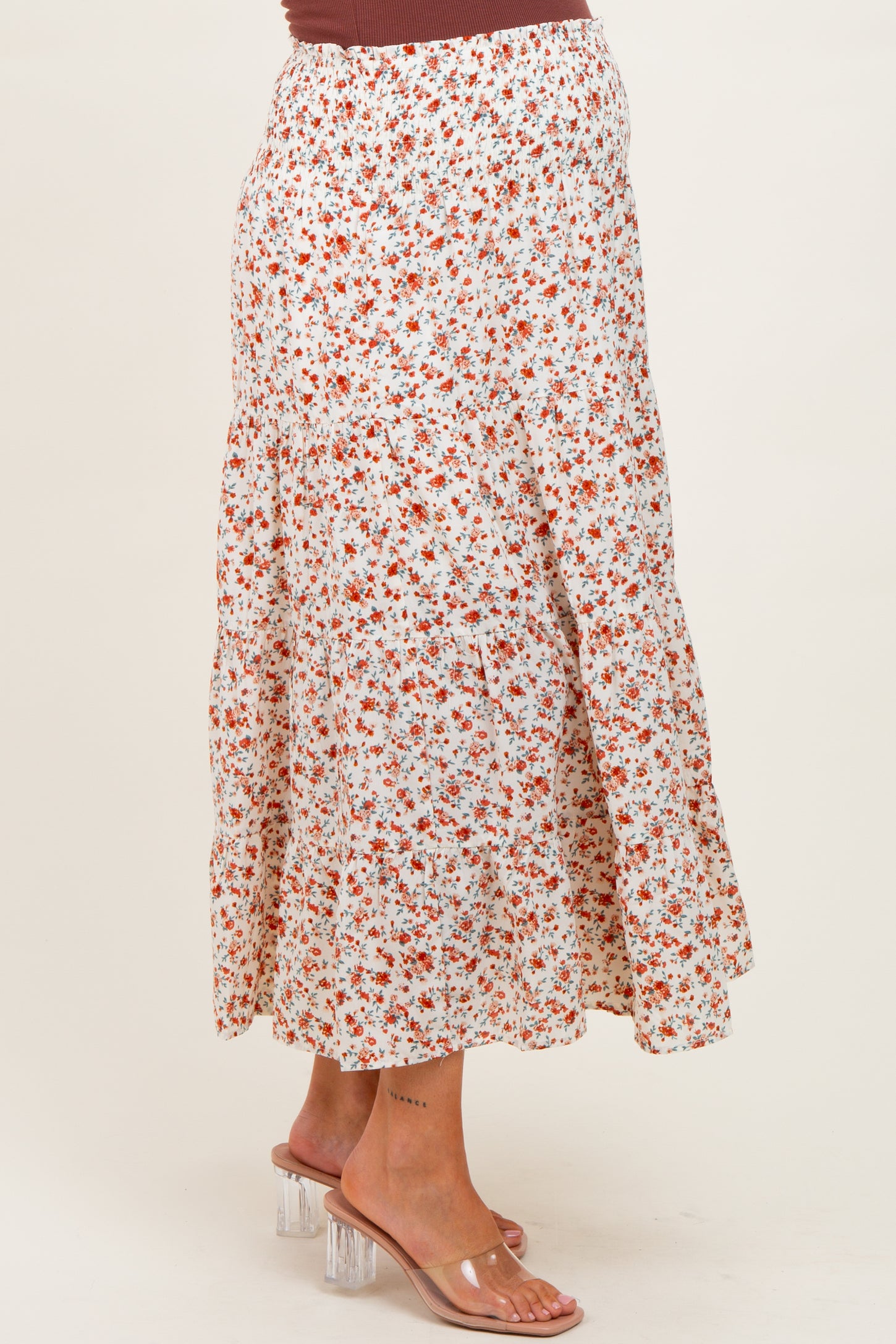 Ivory Floral Smocked Waist Maternity Maxi Skirt