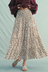 Ivory Floral Smocked Waist Maxi Skirt