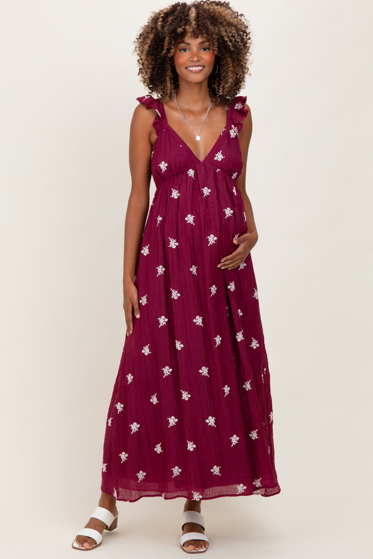 Wine Floral Embroidered V-Neck Maternity Midi Dress