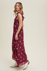 Wine Floral Embroidered V-Neck Midi Dress
