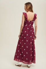Wine Floral Embroidered V-Neck Midi Dress
