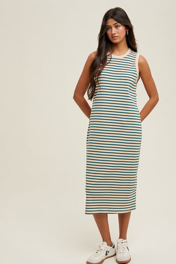 Deep Teal Striped Ribbed Knit Sleeveless Midi Dress