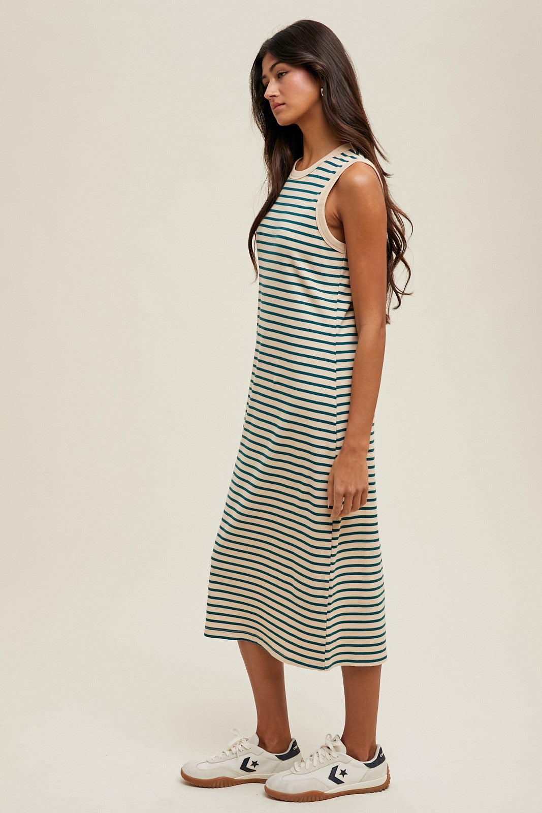 Deep Teal Striped Ribbed Knit Sleeveless Midi Dress