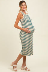 Deep Teal Striped Ribbed Knit Sleeveless Maternity Midi Dress