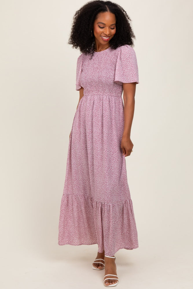 Mauve Floral Smocked Midi Dress