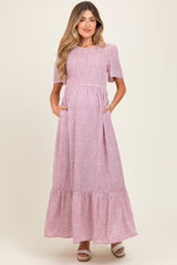 Mauve Floral Smocked Maternity Midi Dress