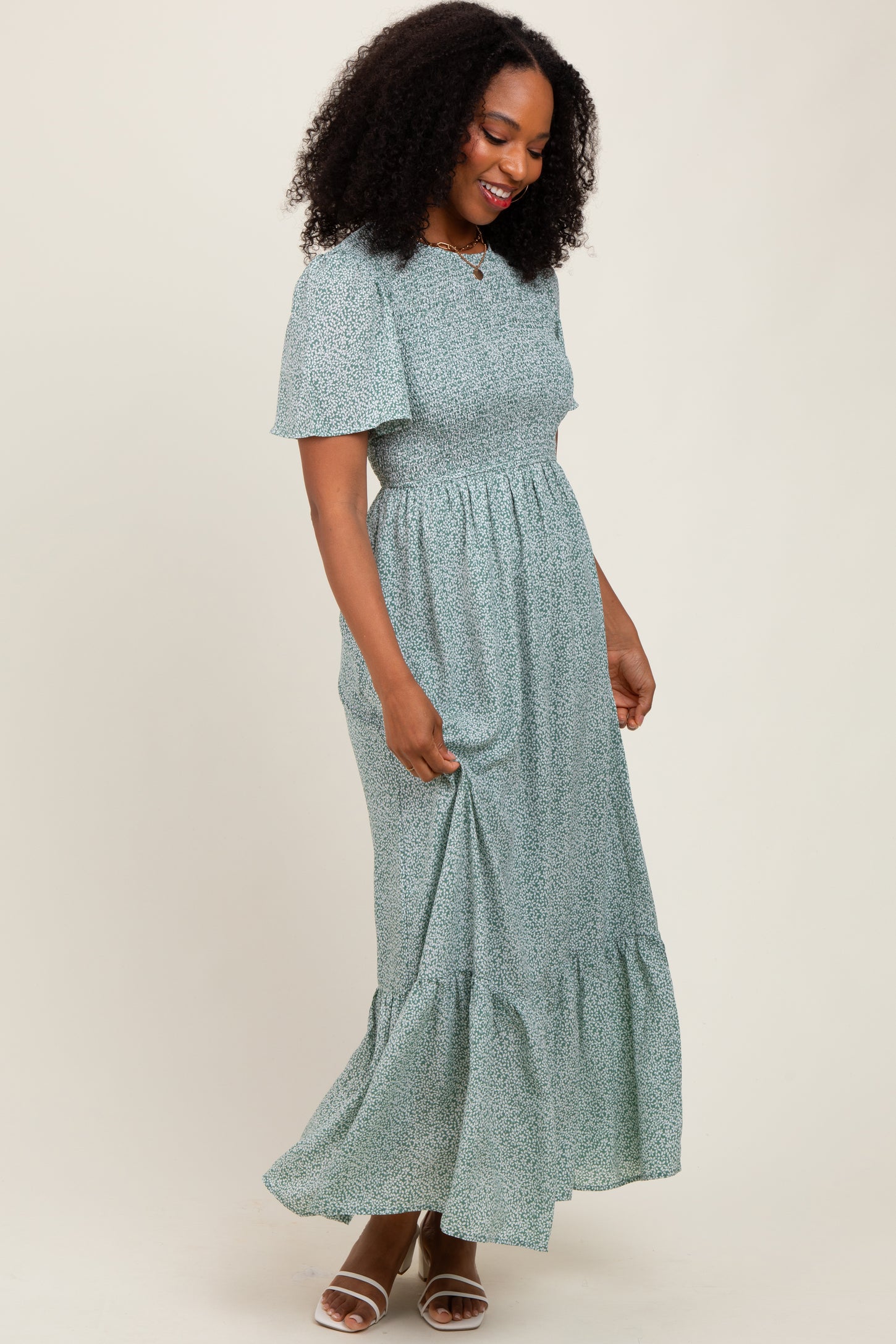 Light Olive Floral Smocked Midi Dress