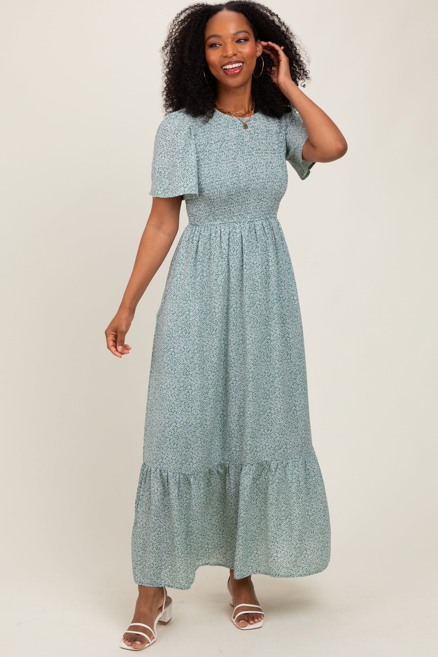 Light Olive Floral Smocked Midi Dress