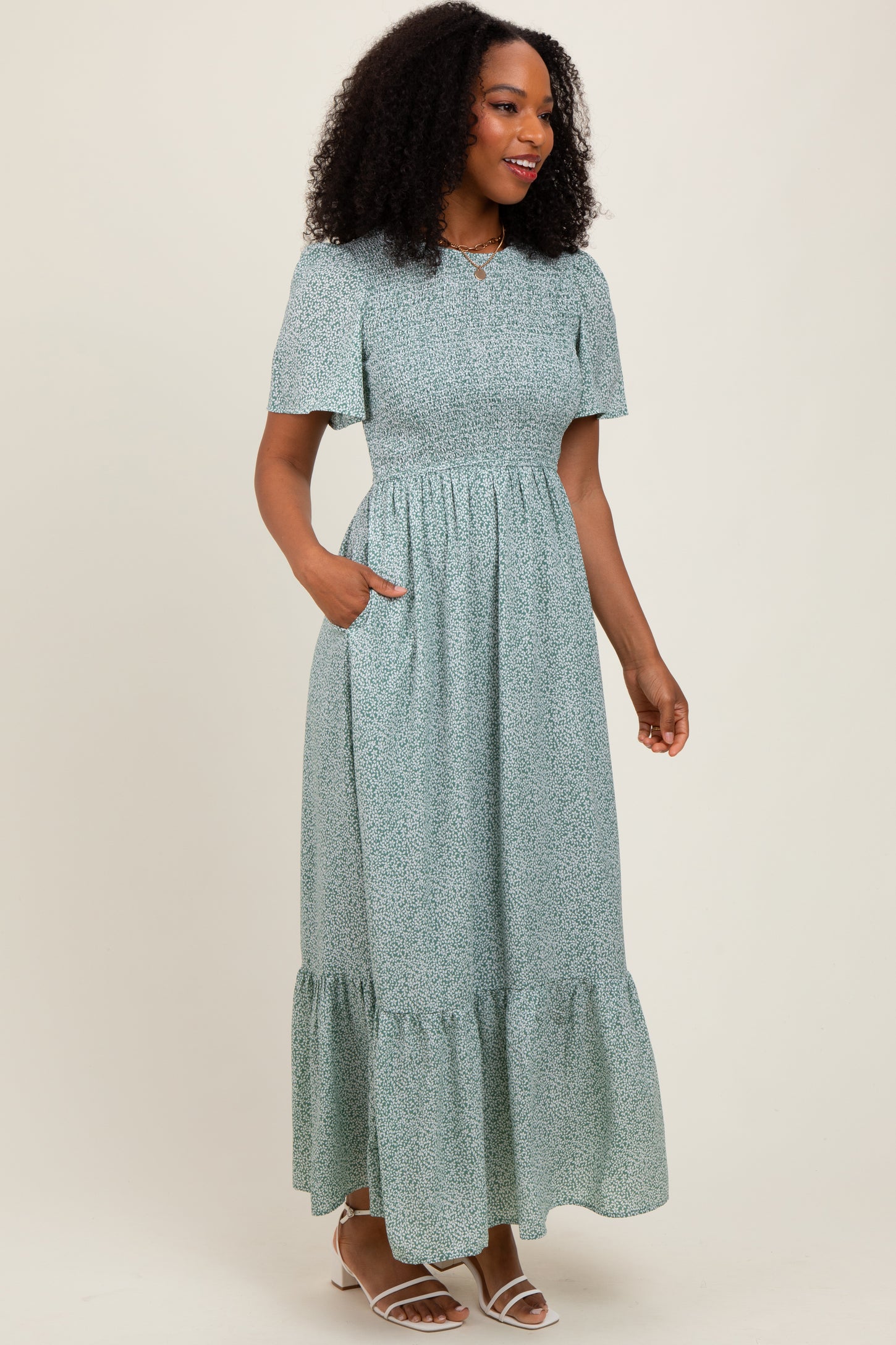 Light Olive Floral Smocked Midi Dress