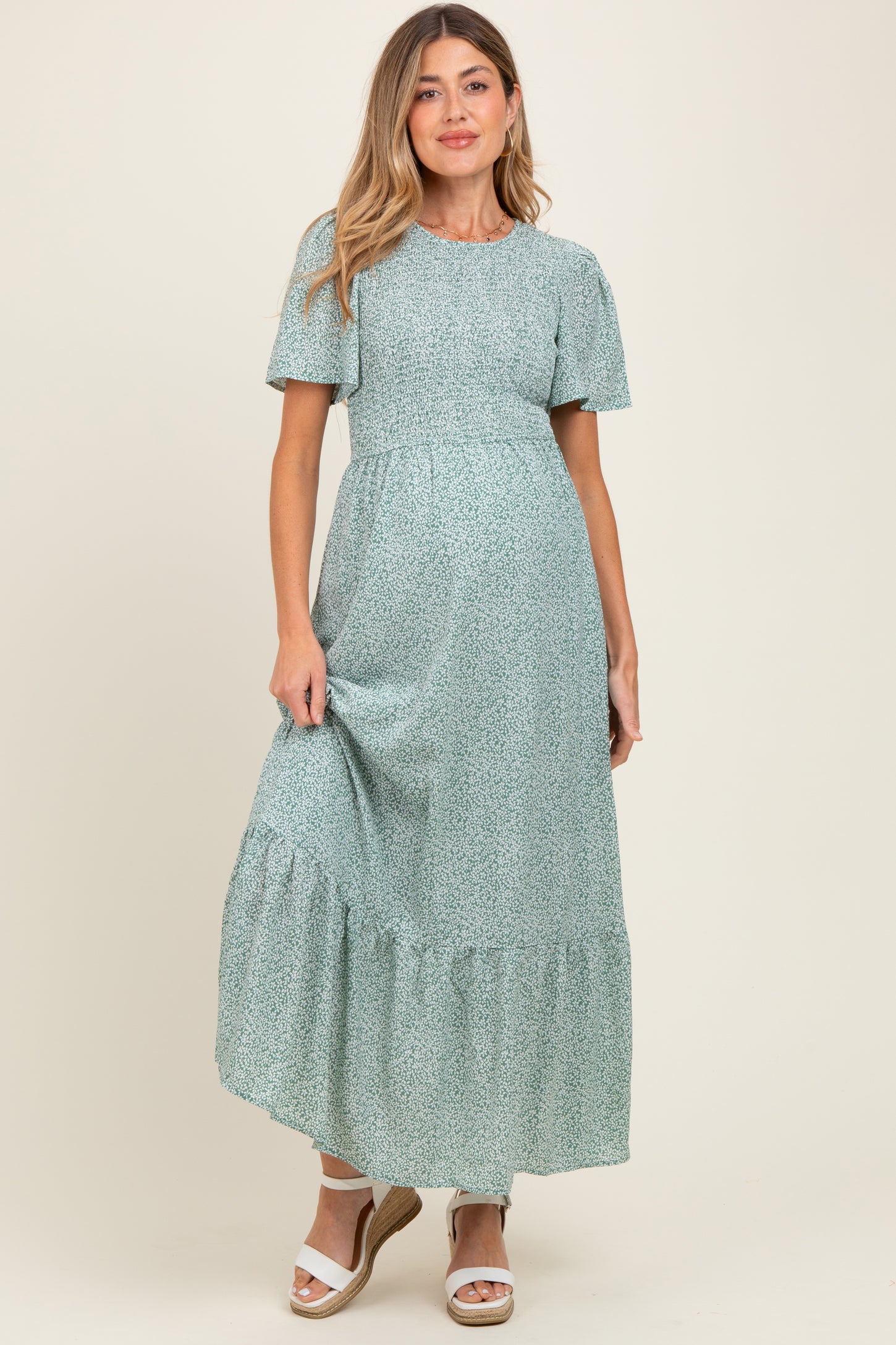 Light Olive Floral Smocked Maternity Midi Dress