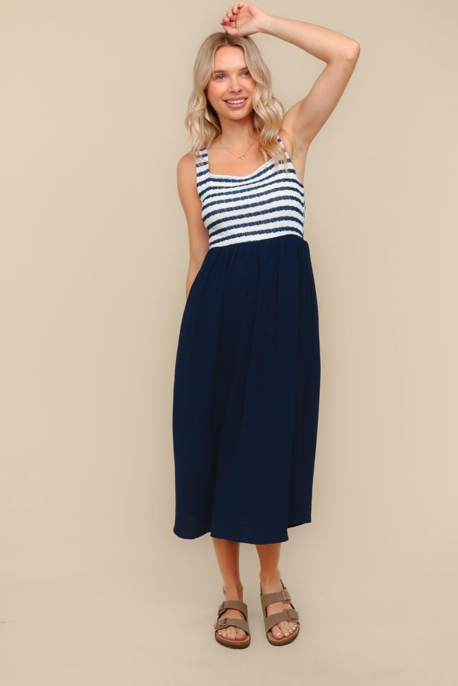 Navy Striped Fit And Flare Sleeveless Midi Dress