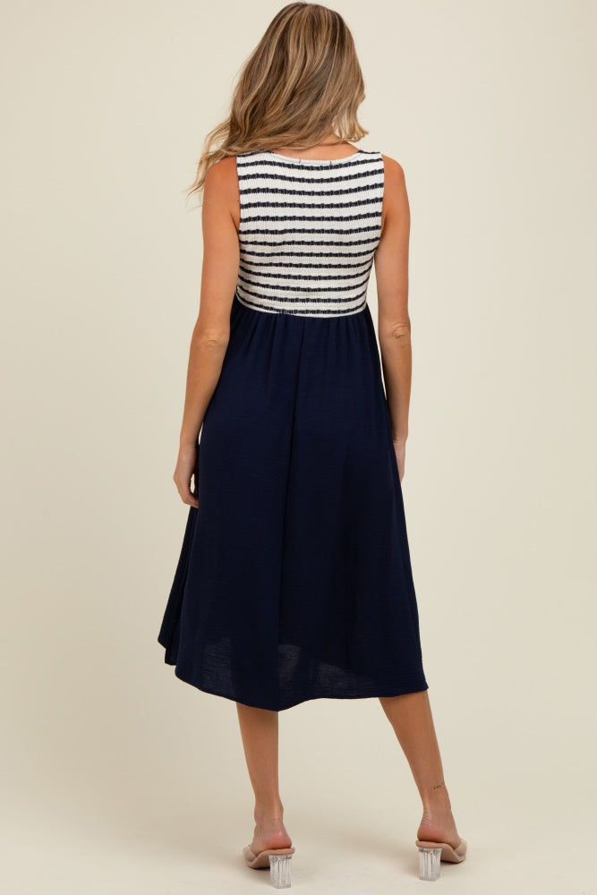 Navy Striped Fit And Flare Sleeveless Maternity Midi Dress