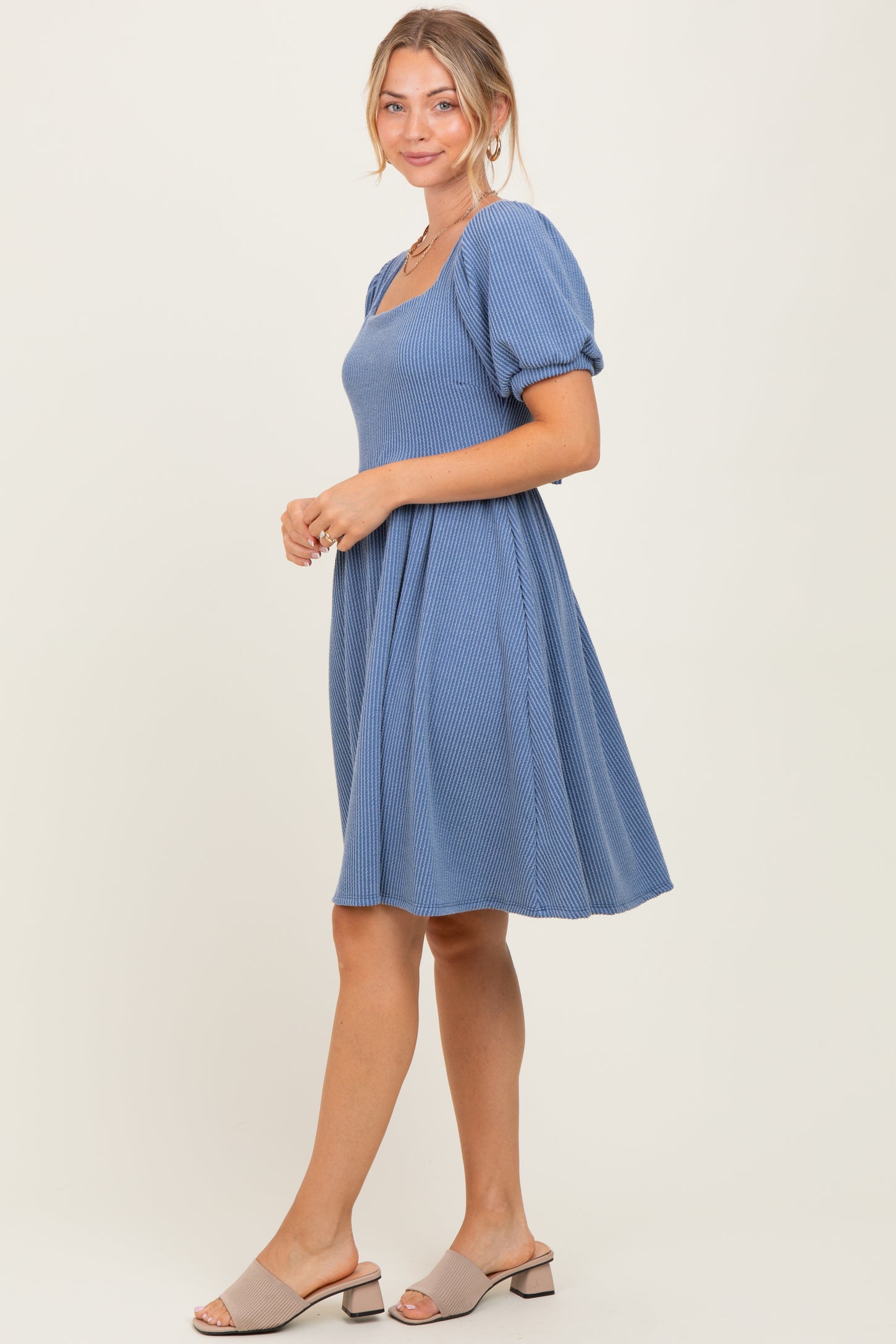 Blue Square Neck Puff Sleeve Rib Babydoll Dress