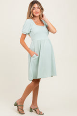 Sage Square Neck Puff Sleeve Rib Babydoll Maternity Dress