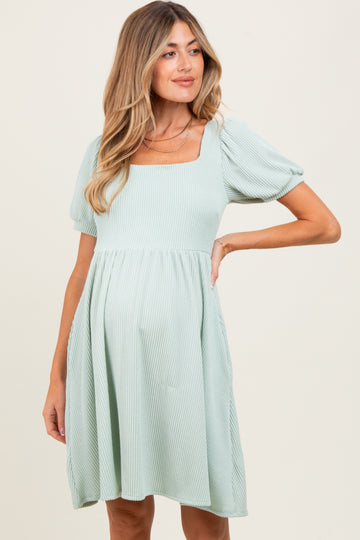 Sage Square Neck Puff Sleeve Rib Babydoll Maternity Dress