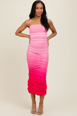 Pink Mesh Ombre Ruched Midi Dress