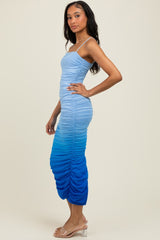Blue Mesh Ombre Ruched Midi Dress