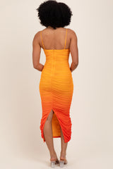 Orange Mesh Ombre Ruched Midi Dress