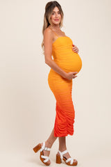 Orange Mesh Ombre Ruched Maternity Midi Dress