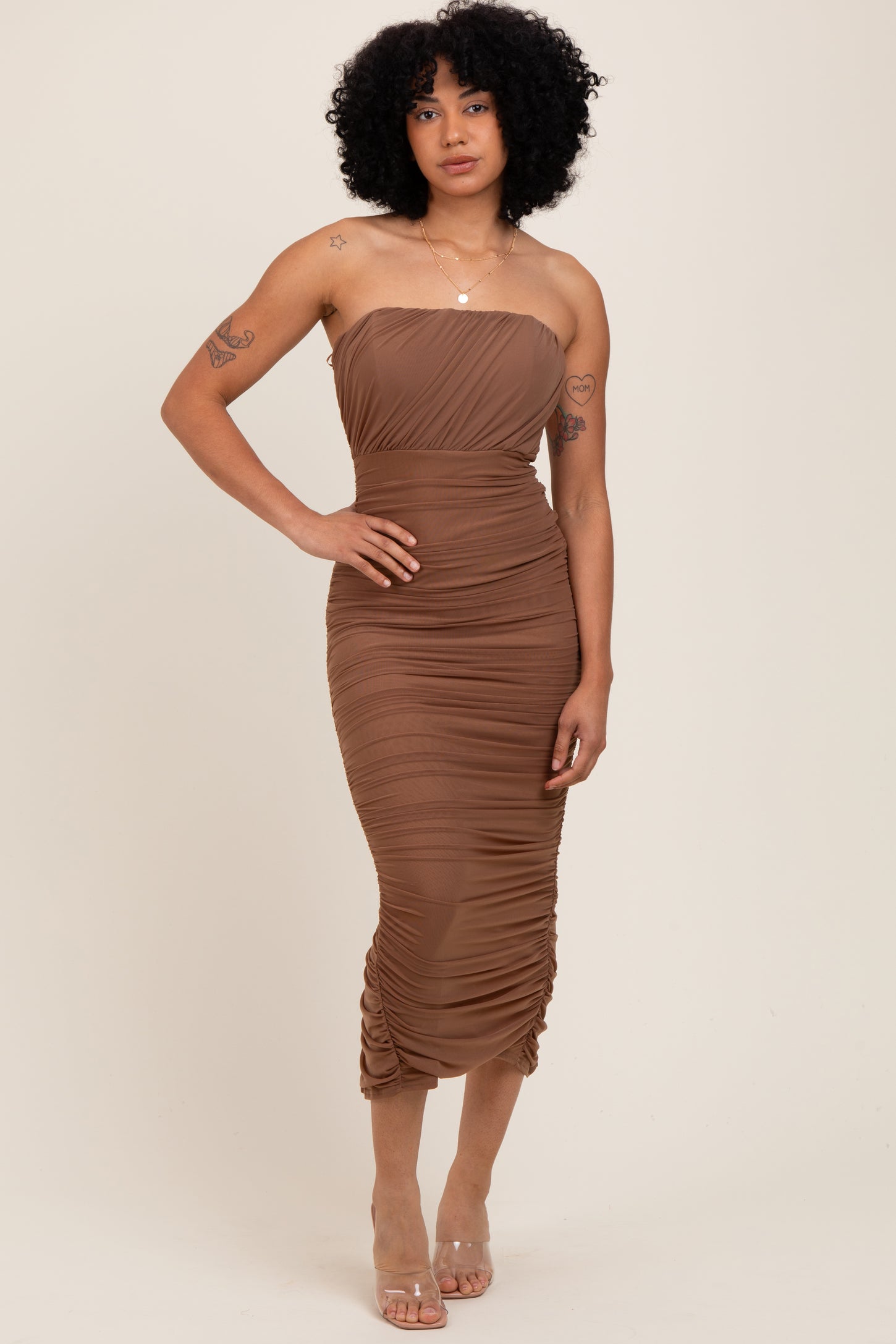 Mocha Mesh Strapless Ruched Maternity Dress