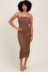 Mocha Mesh Strapless Ruched Maternity Dress