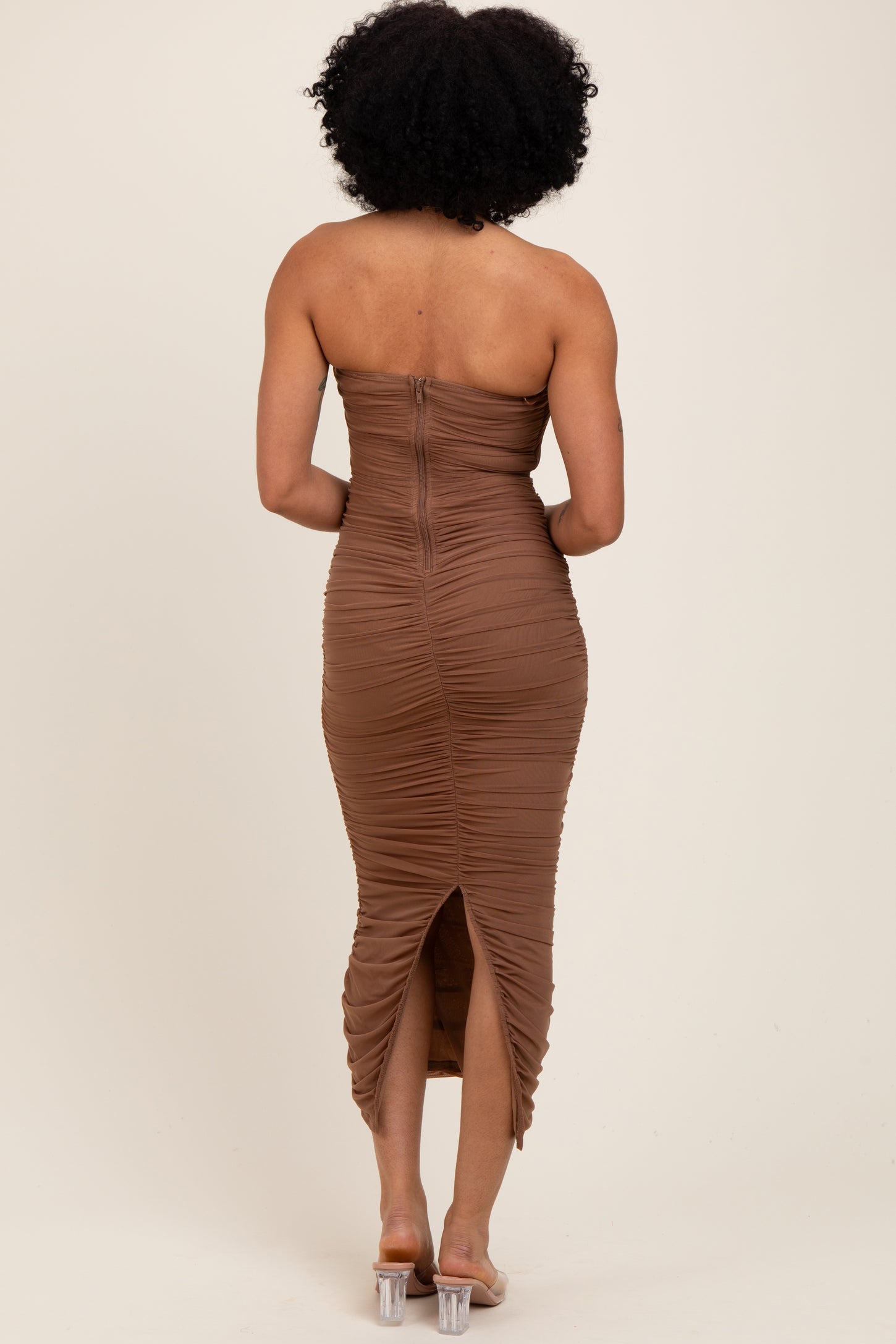 Mocha Mesh Strapless Ruched Maternity Dress