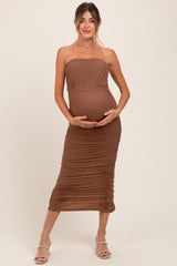 Mocha Mesh Strapless Ruched Maternity Maxi Dress