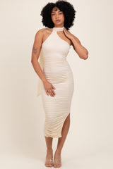 Ivory Mesh Draped Scarf Ruched Midi Dress