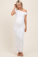 White Lace Asymmetrical Ruched Maternity Maxi Dress