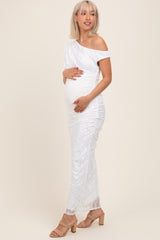 White Lace Asymmetrical Ruched Maternity Maxi Dress