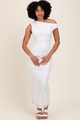 White Lace Asymmetrical Ruched Maxi Dress