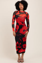 Red Floral Print Mesh Long Sleeve Maternity Maxi Dress
