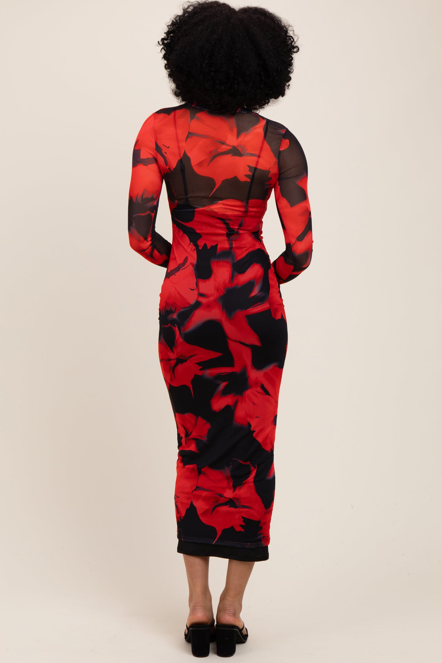 Red Floral Print Mesh Long Sleeve Maxi Dress