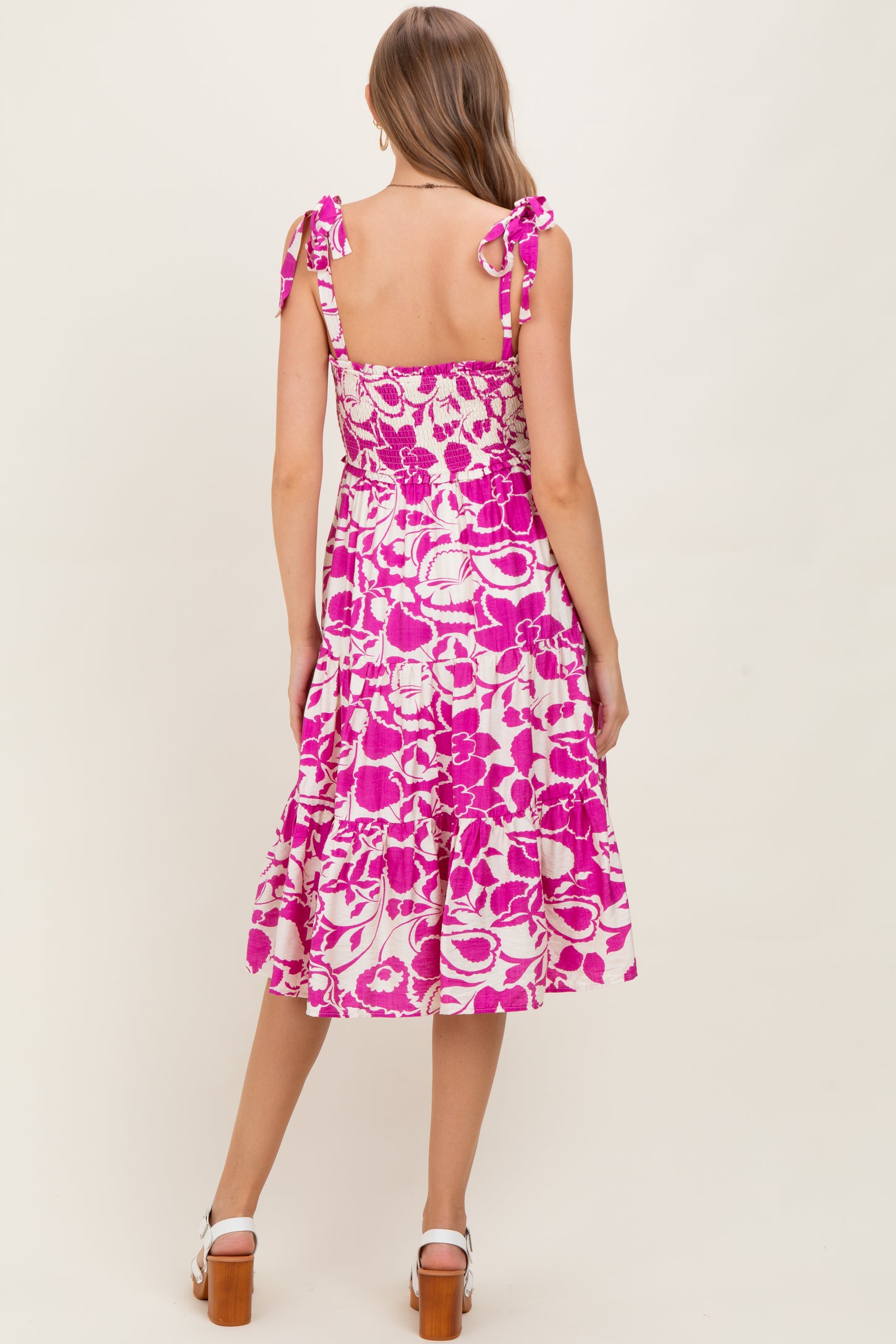 Fuchsia Bloom Floral Print Tie Strap Smocked Tiered Maternity Dress