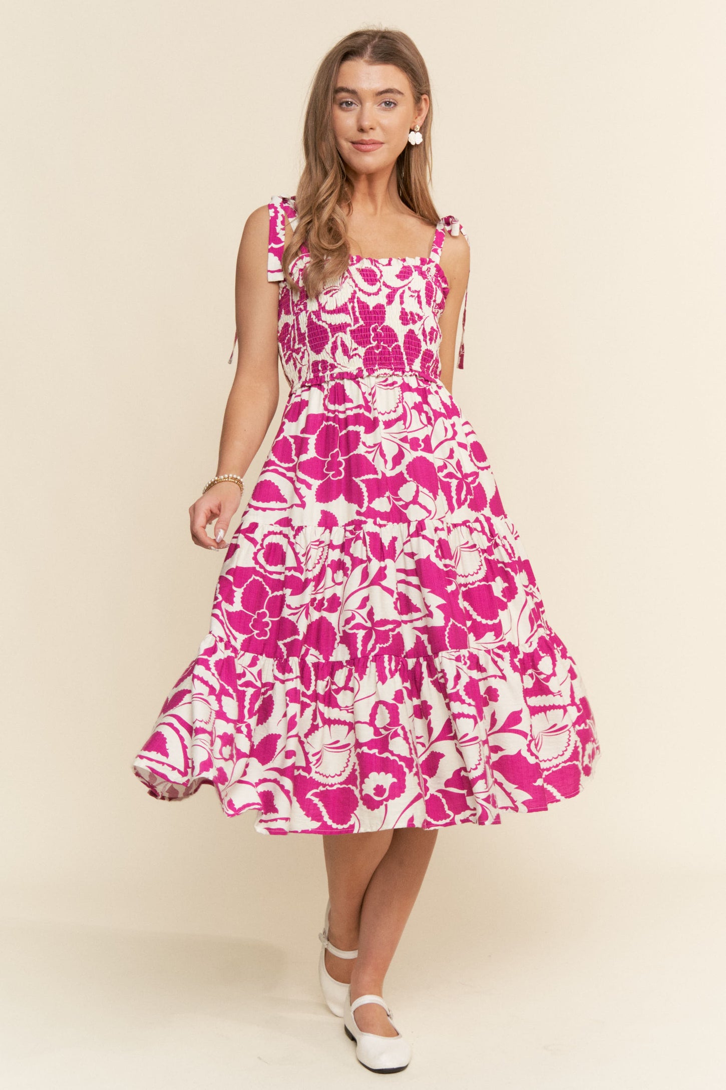 Fuchsia Bloom Floral Print Tie Strap Smocked Tiered Maternity Dress