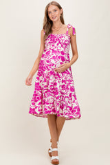 Fuchsia Bloom Floral Print Tie Strap Smocked Tiered Maternity Dress