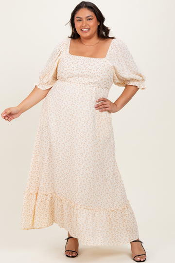 Beige Floral Print Square Neckline Plus Maxi Dress