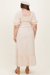Beige Floral Print Square Neckline Plus Maternity Maxi Dress