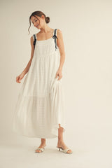 White Bow Tie Accent Tiered Maternity Maxi Dress