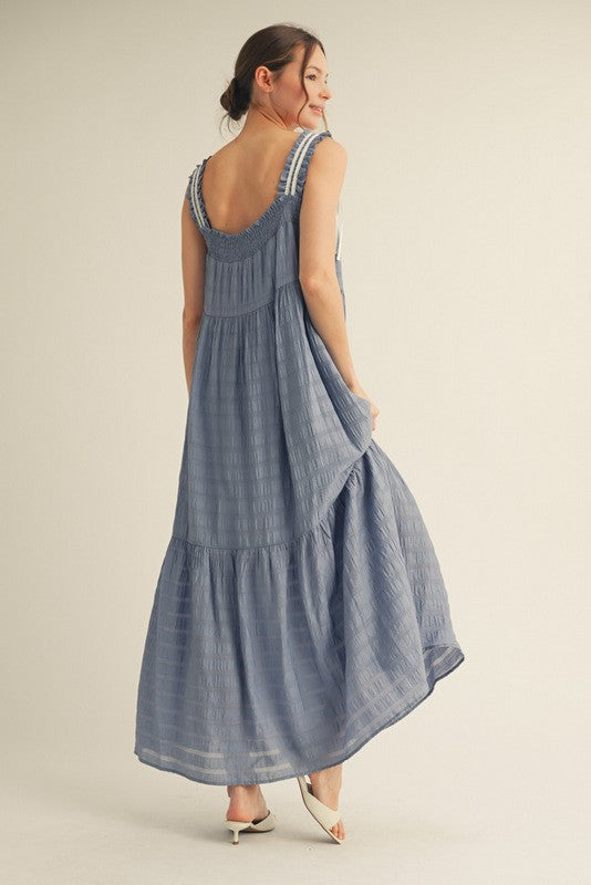 Blue Bow Tie Accent Tiered Maxi Dress