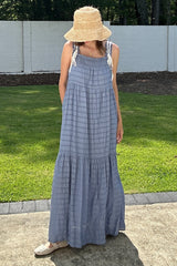 Blue Bow Tie Accent Tiered Maxi Dress