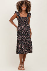Black Floral Smocked Ruffle Strap Maternity Midi Dress