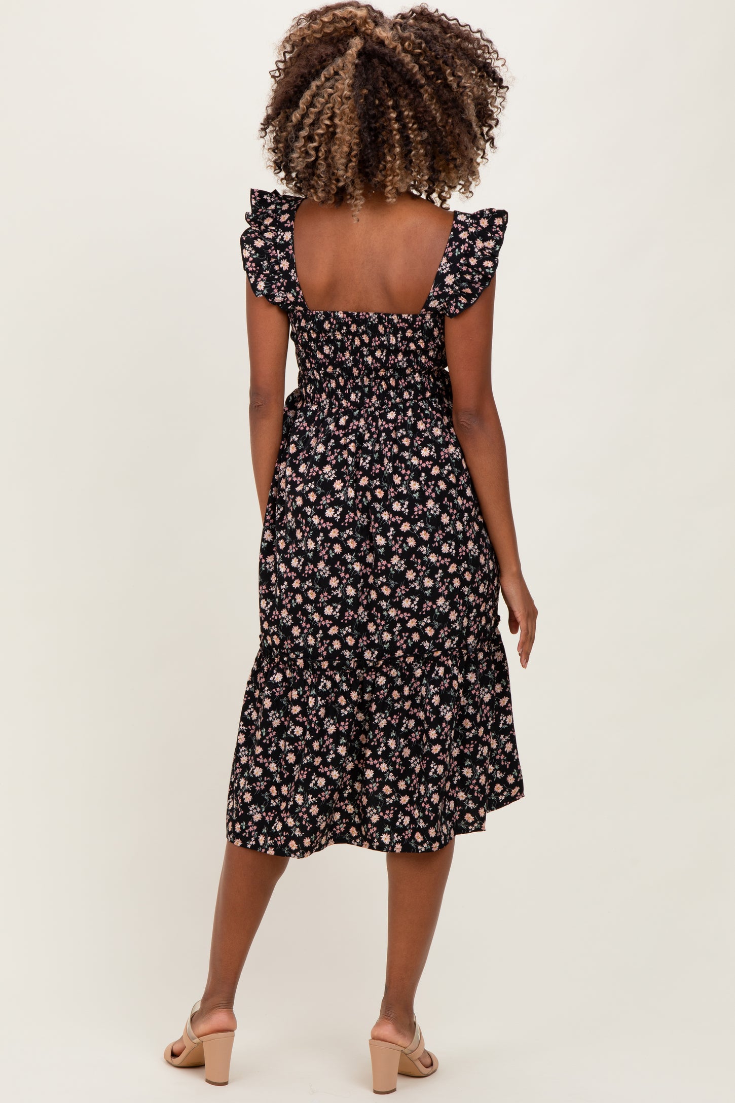 Black Floral Smocked Ruffle Strap Maternity Midi Dress