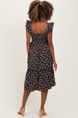 Black Floral Smocked Ruffle Strap Maternity Midi Dress