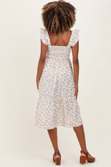 Ivory Floral Smocked Ruffle Strap Maternity Midi Dress